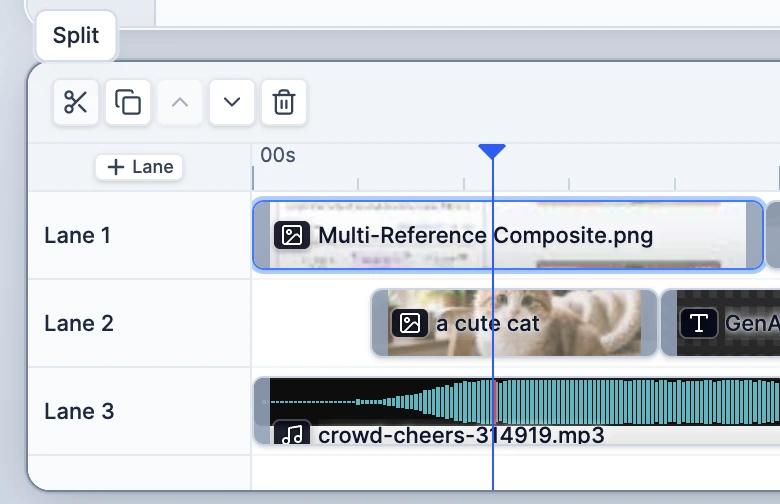 Advanced video editing tools: split, speed, volume, transform, and text overlays