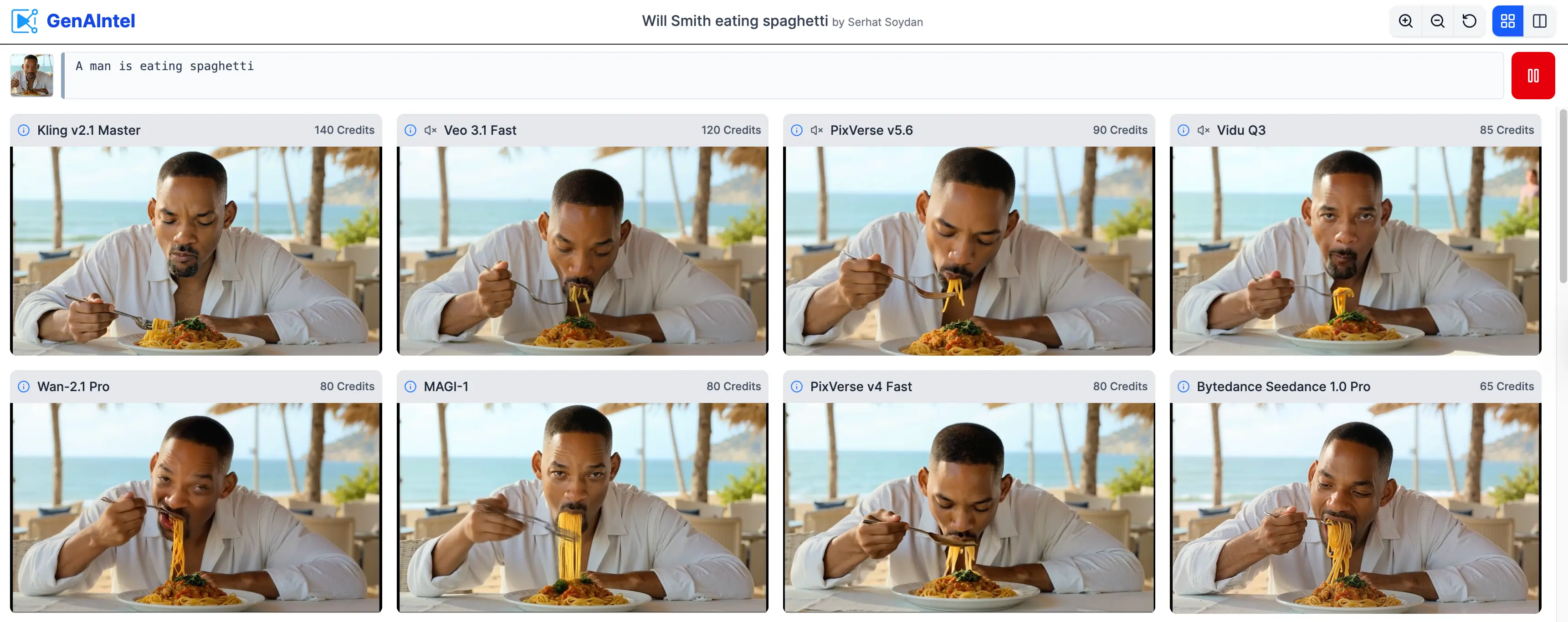 AI media creation results for Will Smith eating spaghetti using Comparison by Serhat Soydan